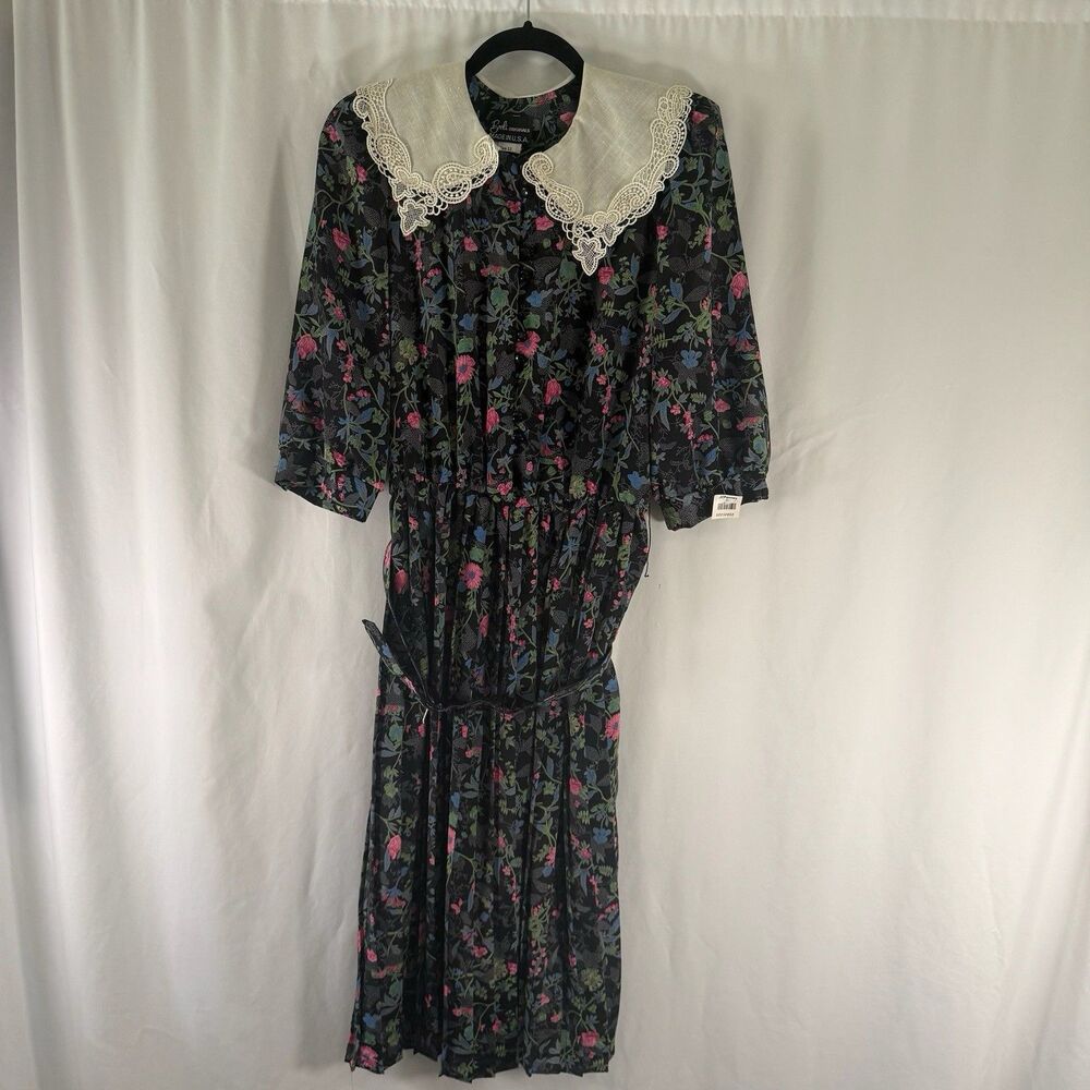New Breli Originals Vintage Dress Women's 12 Black Floral Collared 1/2 Sleeve